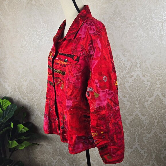 Chico's Size 3 (US XL) Red Multicolor Button Front Jacket 100% Silk Long Sleeve - Picture 6 of 12
